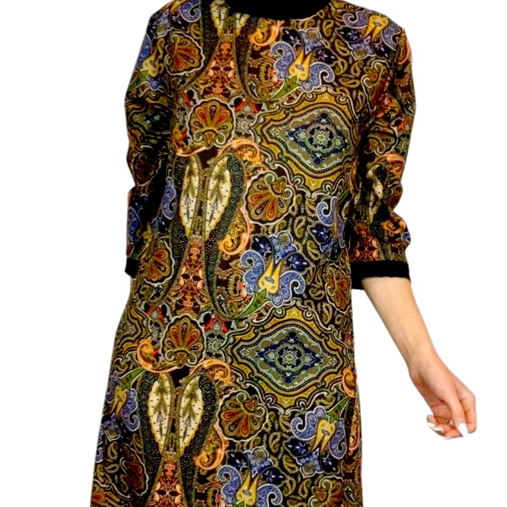 ZARA Party/Cocktail Multicolor Paisley Mock Neck 3/4 Sleeve sift dress.